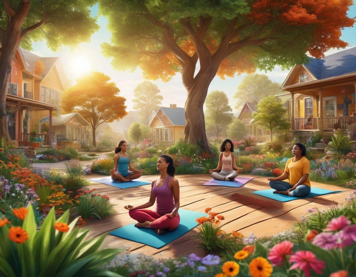 A vibrant community scene featuring diverse individuals engaging in wellness activities like yoga, group meditation, and gardening. Incorporate elements of nature, such as trees and flowers, symbolizing growth and harmony. Show colorful resources like books and plants representing health tips and tools to empower the community. The atmosphere should radiate positivity and health. bright colors. super-realistic.