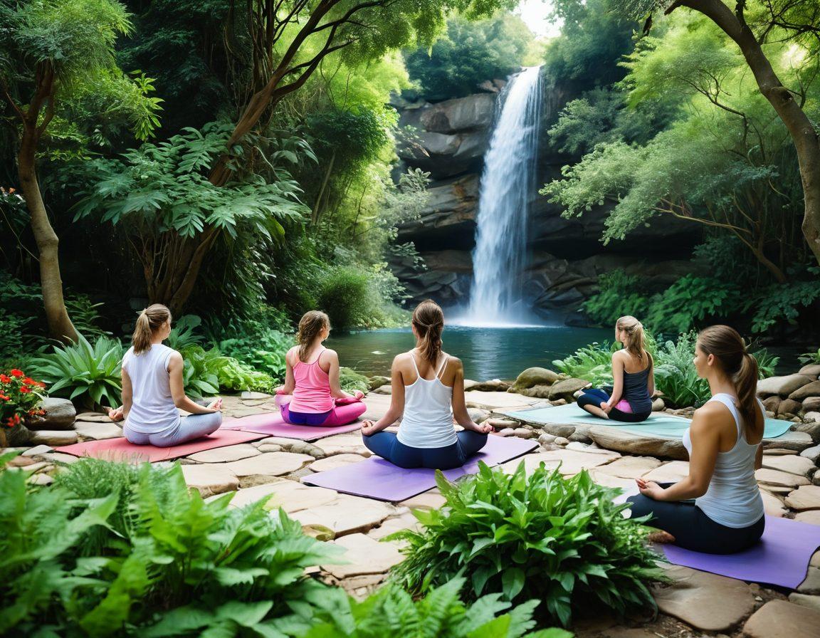 A serene and inviting landscape featuring a diverse group of people engaged in various holistic health practices, including yoga, meditation, and natural remedy preparation. Surround them with lush greenery, flowing water, and vibrant flowers to reflect a sense of tranquility and balance. Include educational material and supportive community elements like workshops or group discussions in the background. soft, organic colors. super-realistic. calming atmosphere.