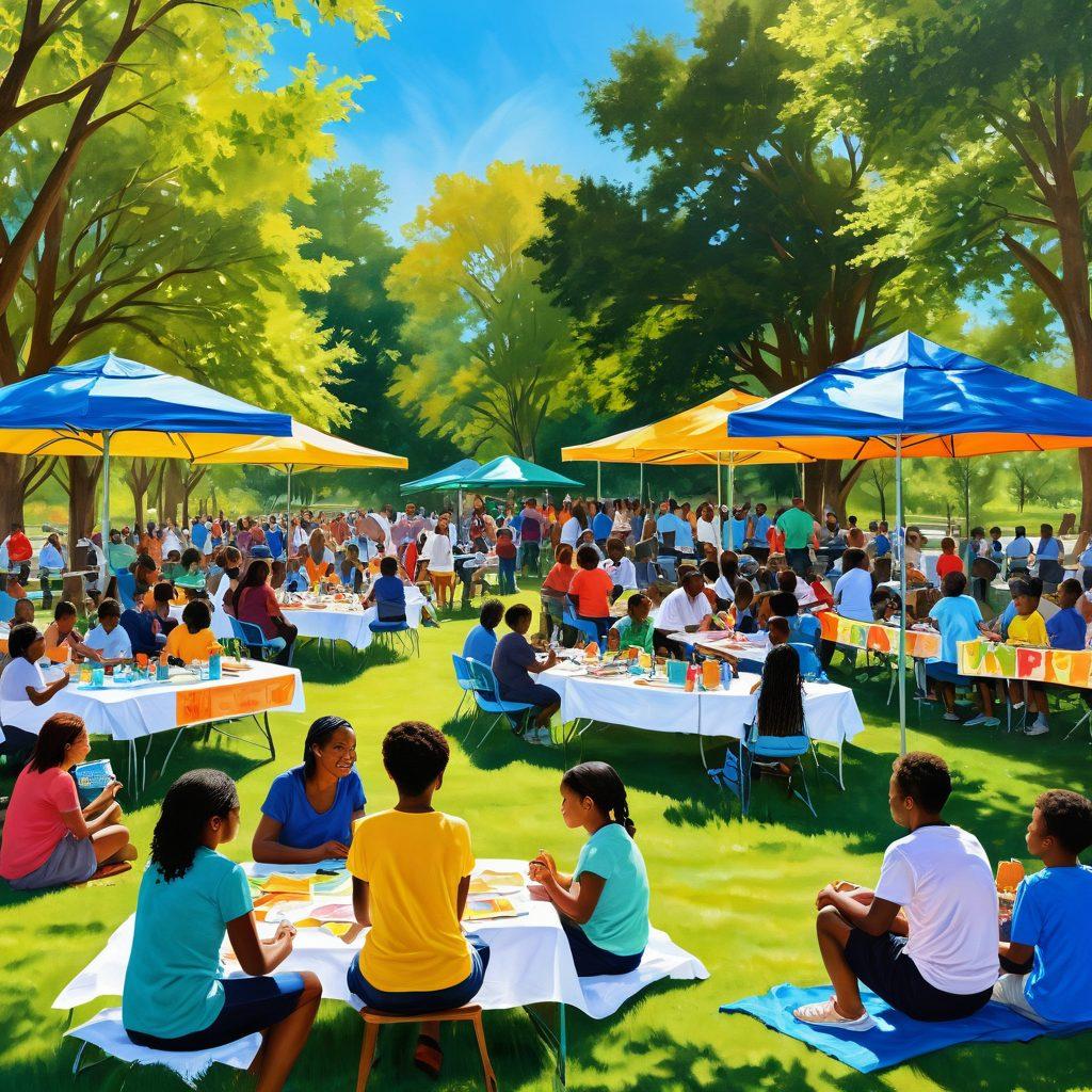 A vibrant community gathering in a sunlit park, showcasing diverse individuals sharing ideas and strategies for preventive care. Colorful banners display health tips, while children play and adults engage in discussions, surrounded by greenery signifying growth and empowerment. The scene radiates positivity, inclusion, and hope for better health outcomes. painting. vibrant colors. sunny atmosphere.